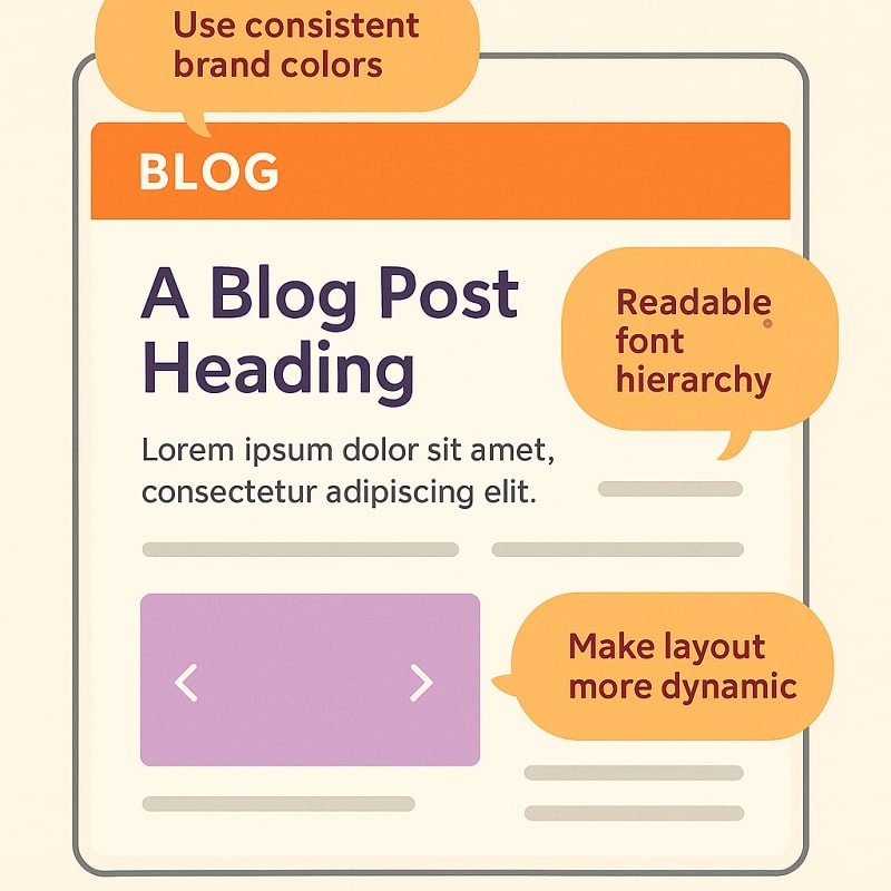 Design tips for improving a Blogger template layout, including consistent colors, font hierarchy, and dynamic structure