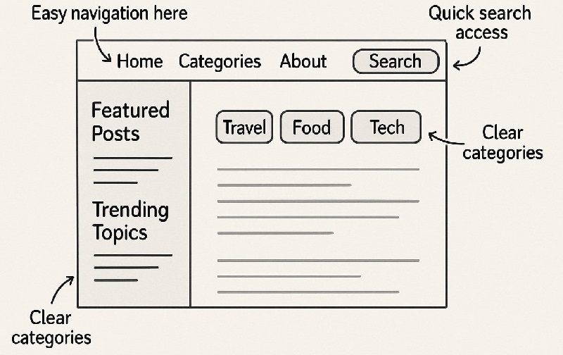 Illustration showing navigation and content organization in a Blogger template interface