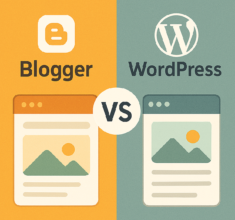 Illustration comparing Blogger and WordPress platforms, with logos and blog layout icons side by side