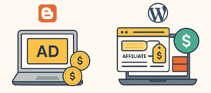 Visual of monetizing Blogger with ads and WordPress with affiliate marketing