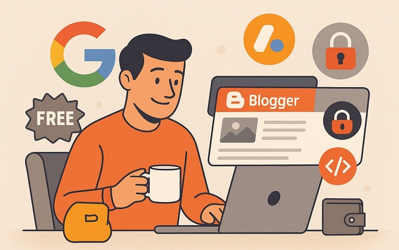 Person using Blogger platform on a laptop with Google integrations and security icons