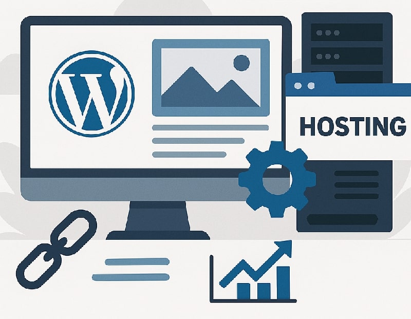 WordPress hosting and analytics visual with icons for performance and SEO