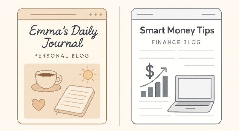 Two different Blogger template designs for personal and finance blogs, emphasizing blog identity