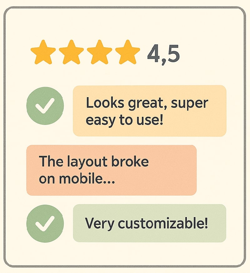 User reviews highlighting pros and cons, such as customizability and mobile layout issues