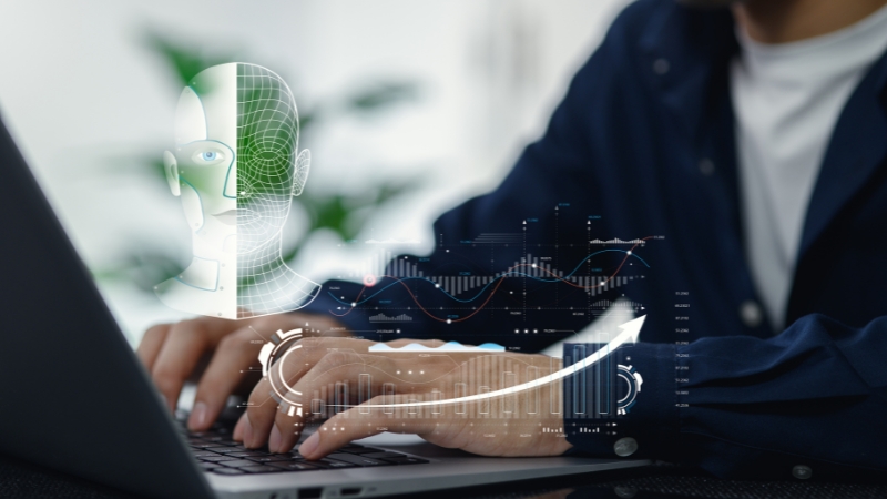 Blogger uses AI tools on a laptop to analyze content performance and SEO data