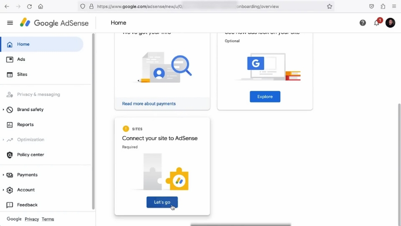 Google AdSense dashboard showing the option to connect a site for review