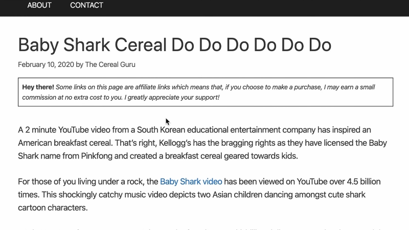 Blog post page show a clear affiliate disclosure notice placed near the top of the content before links