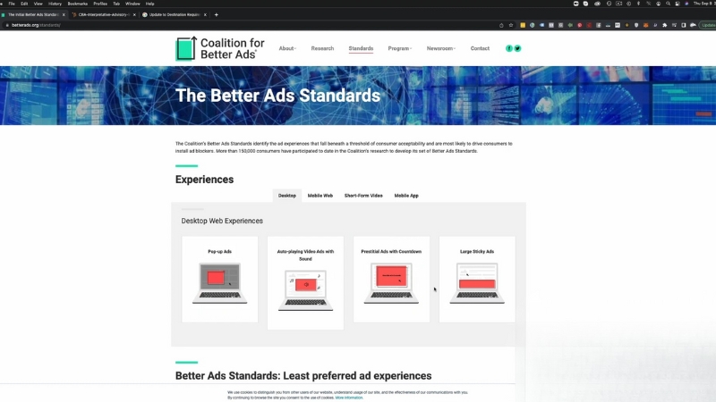 Anchor and sticky ads shown under Better Ads Standards guidance that limits intrusive formats