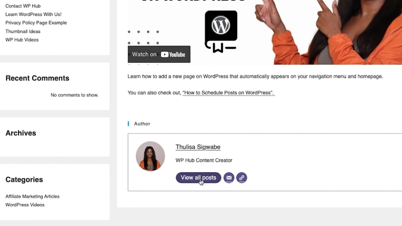 Example of a blog author page showin named author details and post attribution for E-E-A-T