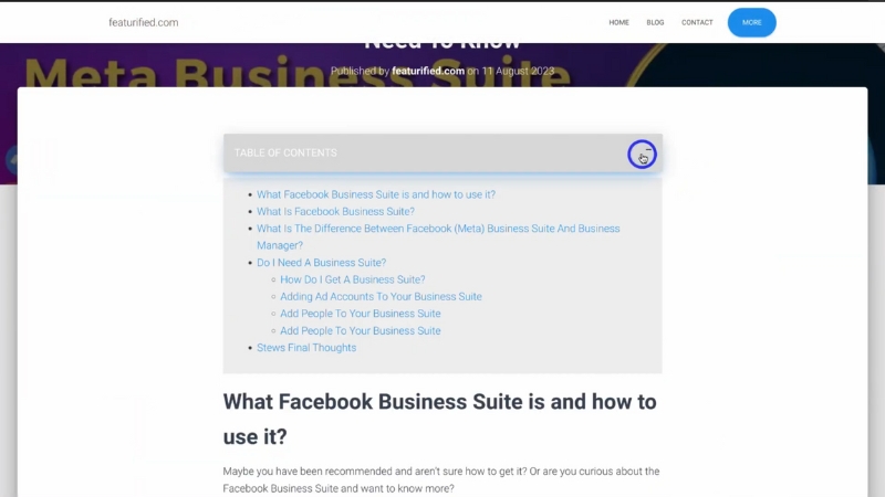A blog article shows an automatic table of contents placed below the header to improve navigation and user experience