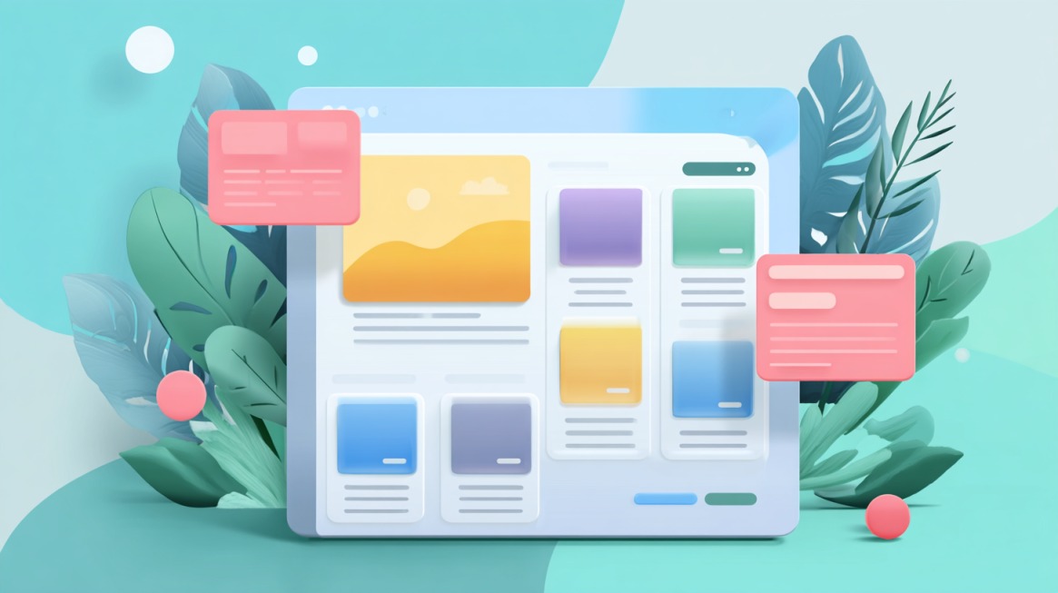 Illustration of a modern website interface with floating content blocks and decorative plants