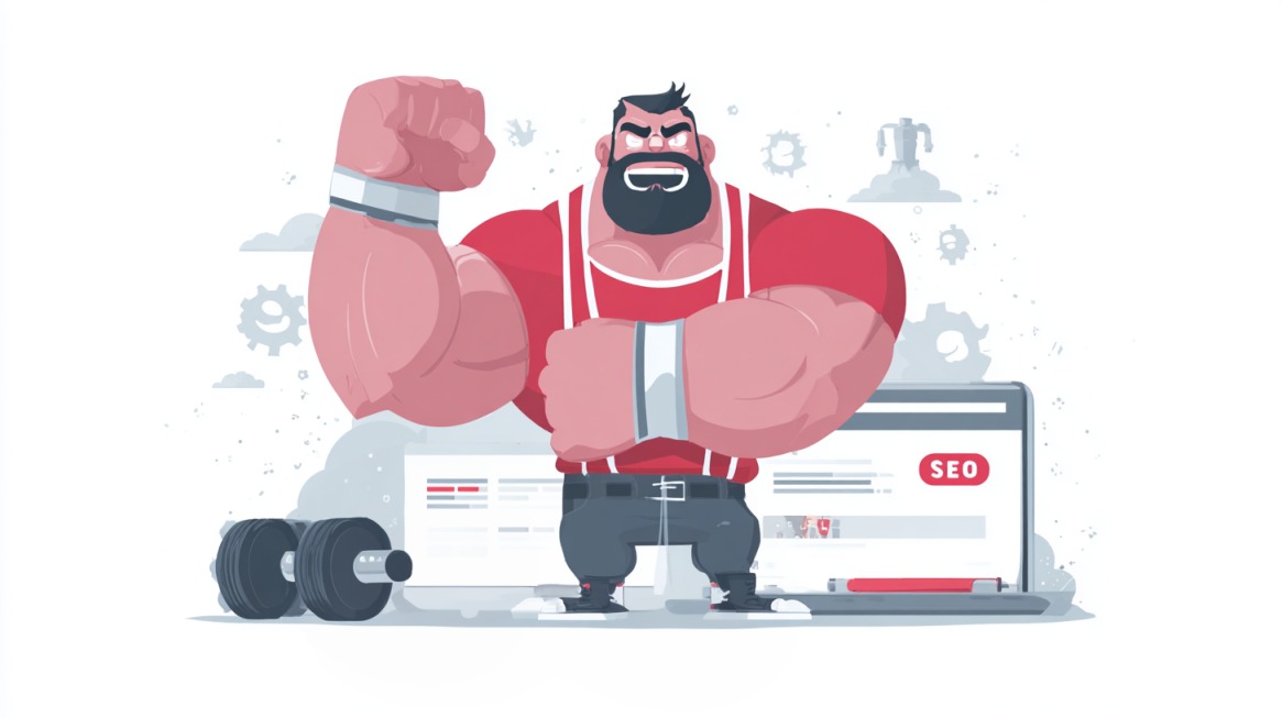 Illustration of a muscular character representing powerful SEO and website performance