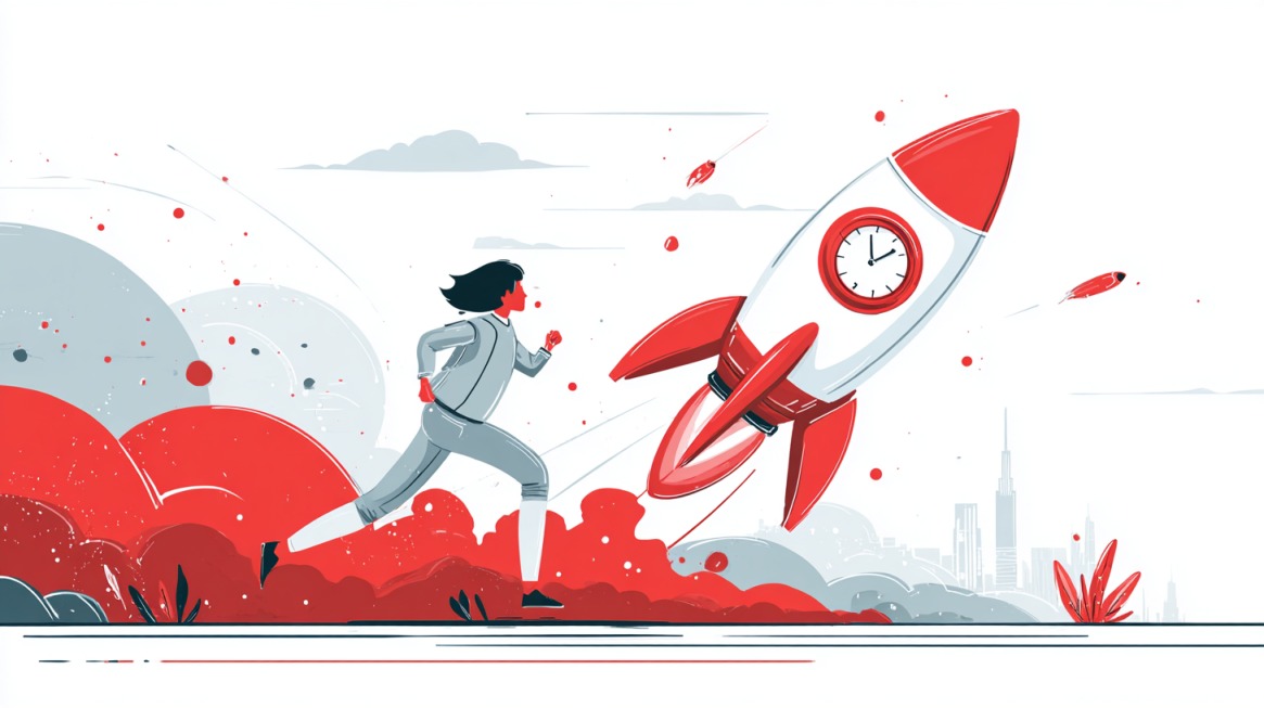 Illustration of a person running beside a rocket taking off