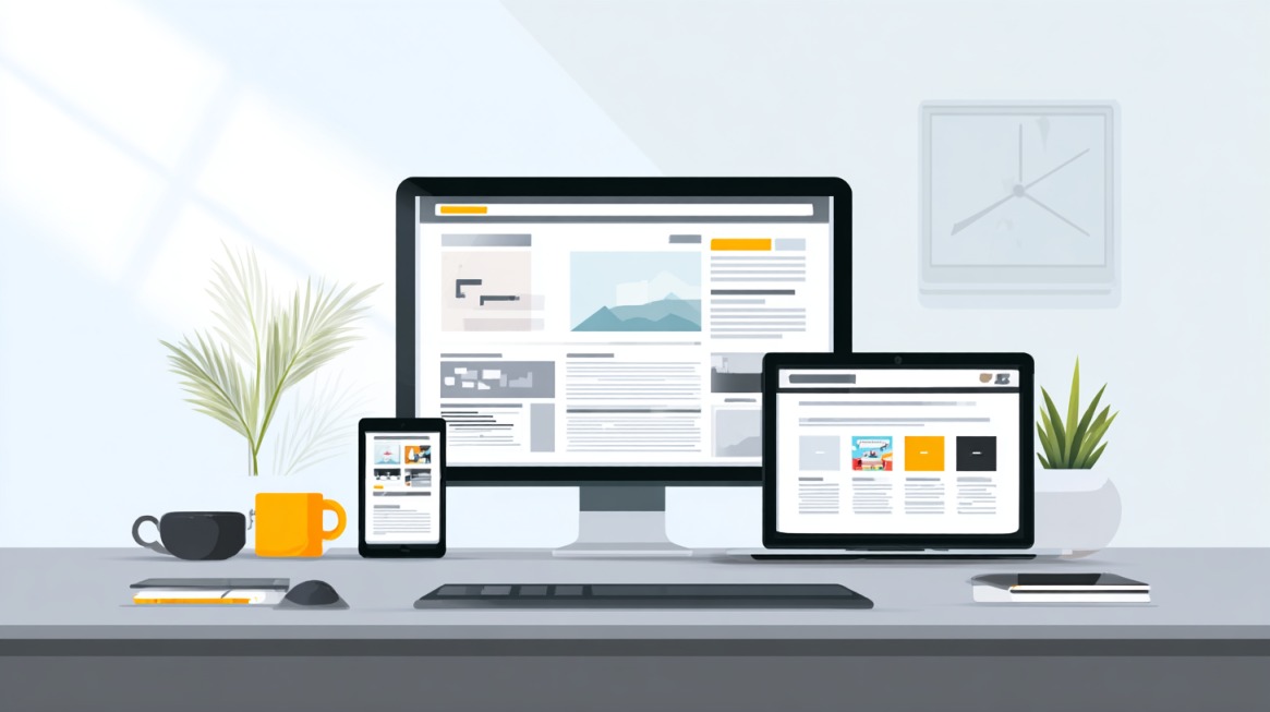 Illustration of a responsive website displayed on desktop tablet and mobile devices