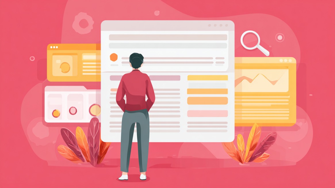 Illustration of a person reviewing a large website layout with charts and content blocks