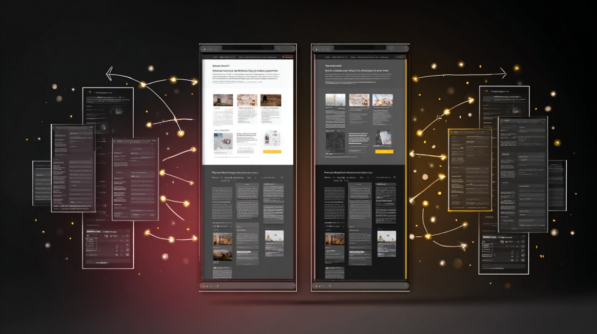 Illustration of two vertical web pages side by side with floating interface panels and glowing connection lines