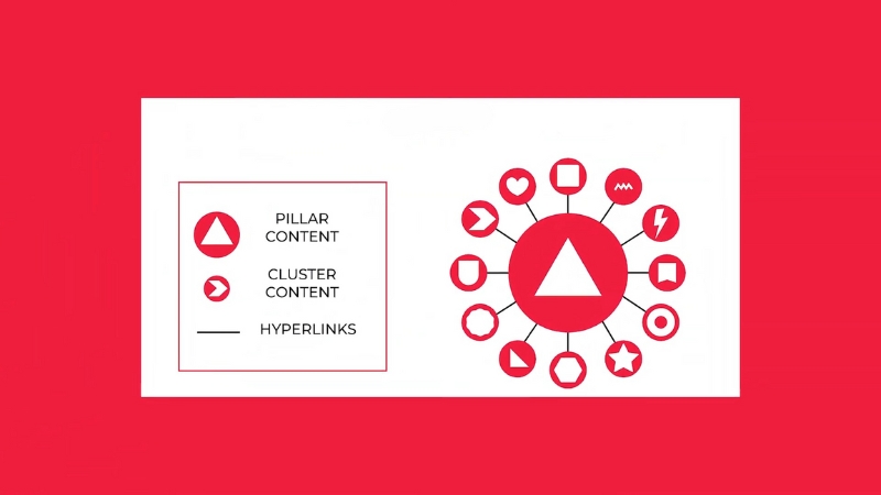 Visual shows cluster pages linked to a central pillar page to target specific search intents