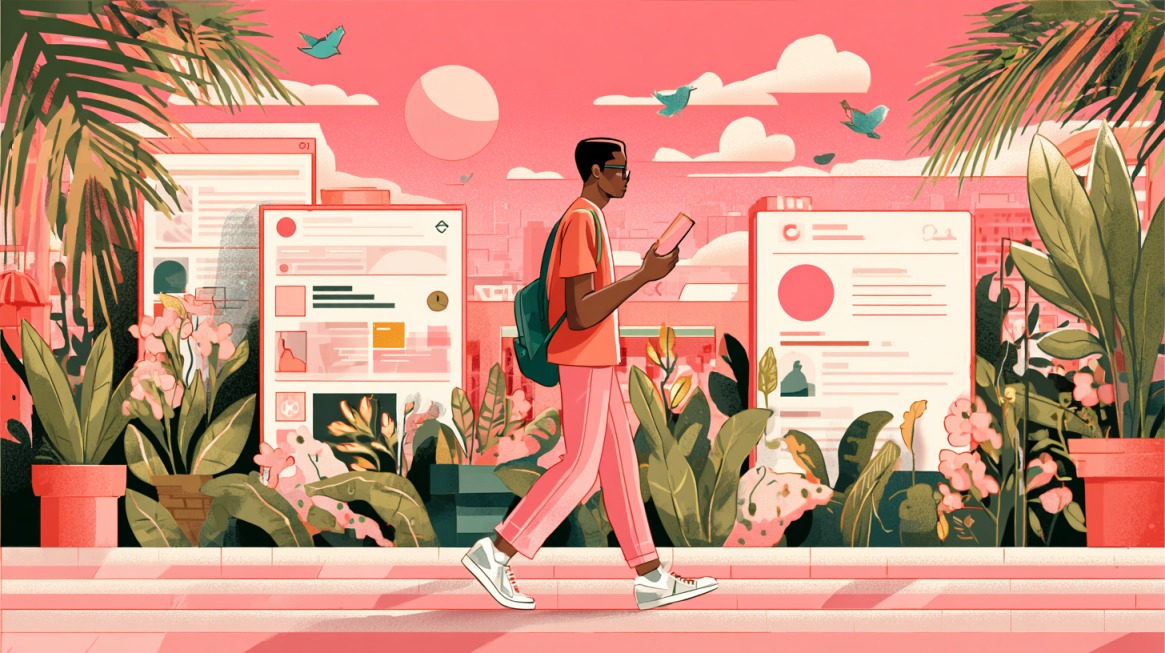 Illustration of a man with a backpack looking at his phone while walking past large website panels and plants