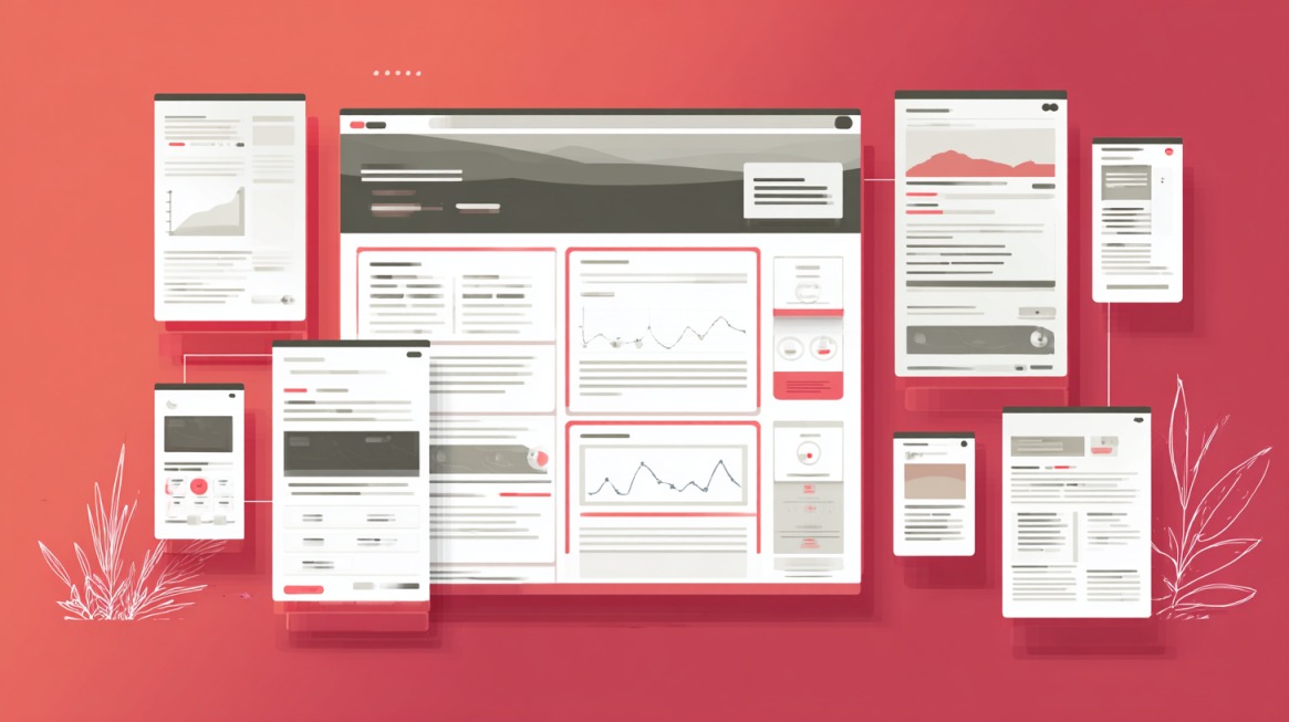 Illustration of a large website interface surrounded by smaller content windows on a red background