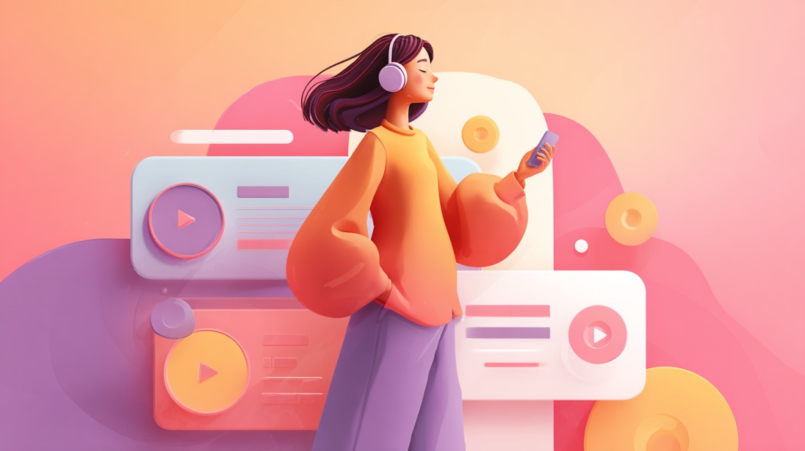 Illustration of a woman wearing headphones while looking at her phone with floating media elements around her