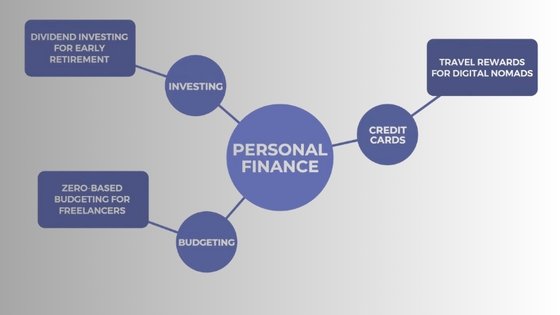 Diagram shows a topical content structure with a central theme and connected subtopics