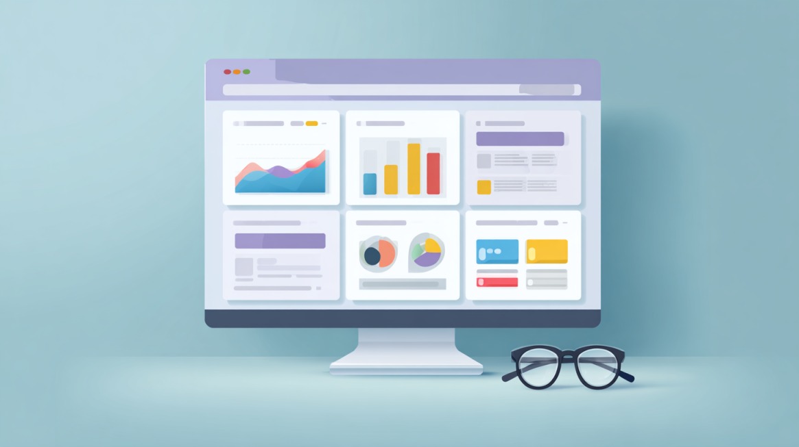 Short alt text: Desktop computer displaying a website dashboard with charts and analytics