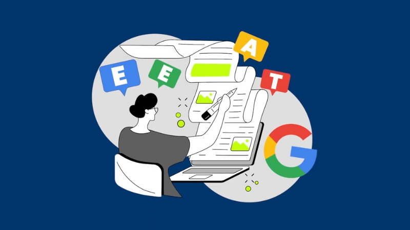 Illustration showin E-E-A-T for blog websites through authorship, content quality, and trust signals evaluated by Google