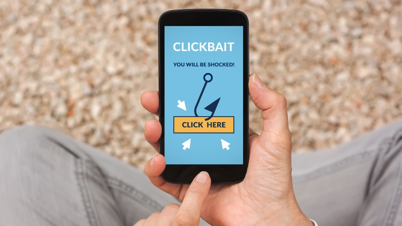 A phone shows a clickbait screen that says Click Here