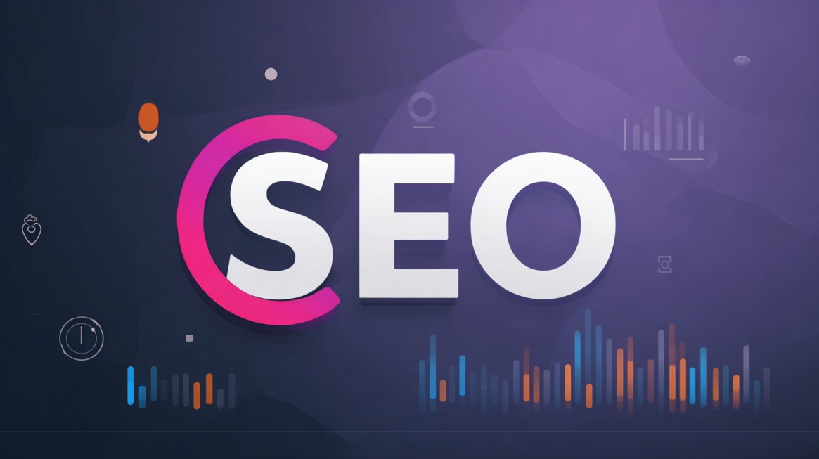 SEO graphic with analytics icons and search optimization symbols