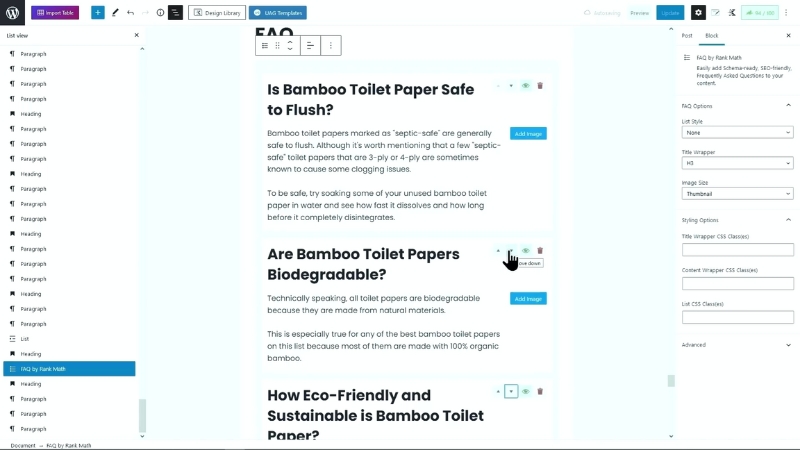 WordPress editor view with FAQs and content blocks in a blog post