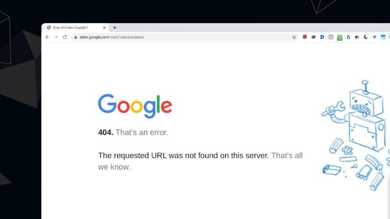 Browser screen show a Google 404 error page that highlight common 404 and redirect issues on blog websites