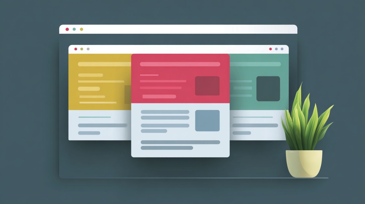 Illustration of overlapping website pages on a desktop screen with a plant beside them