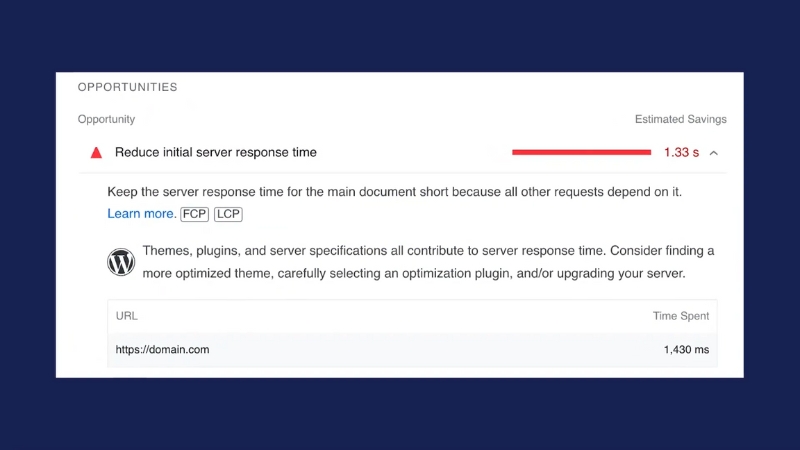 PageSpeed Insights warning show slow server response time as the main mobile performance bottleneck