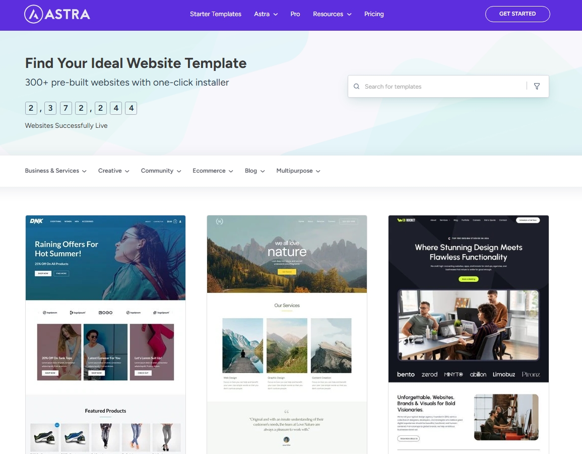 Screenshot of a website template library showing multiple pre built homepage designs