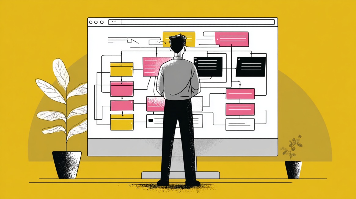Person standing in front of a large screen designing a website sitemap with connected content blocks