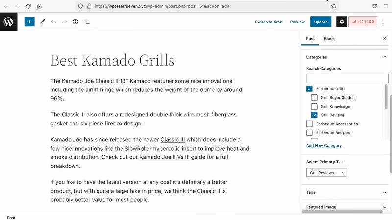 WordPress post editor screen showing content and category settings for optimization
