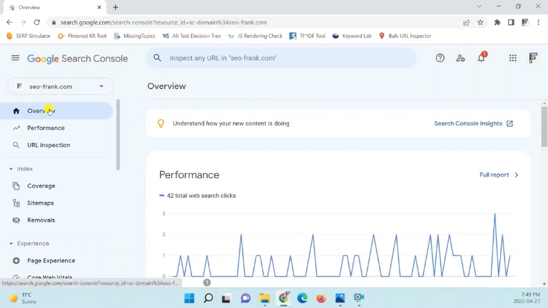 Google Search Console dashboard displays site performance data for finding long-tail keyword opportunities