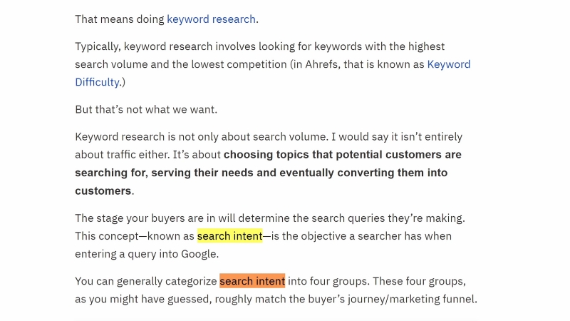 Highlighted keyword research text showing search intent emphasized in an article