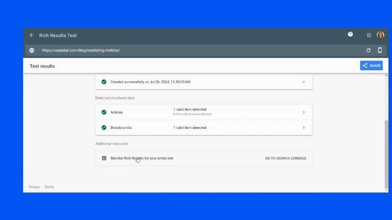 Google Rich Results Test page showing valid Article and Breadcrumb schema detected