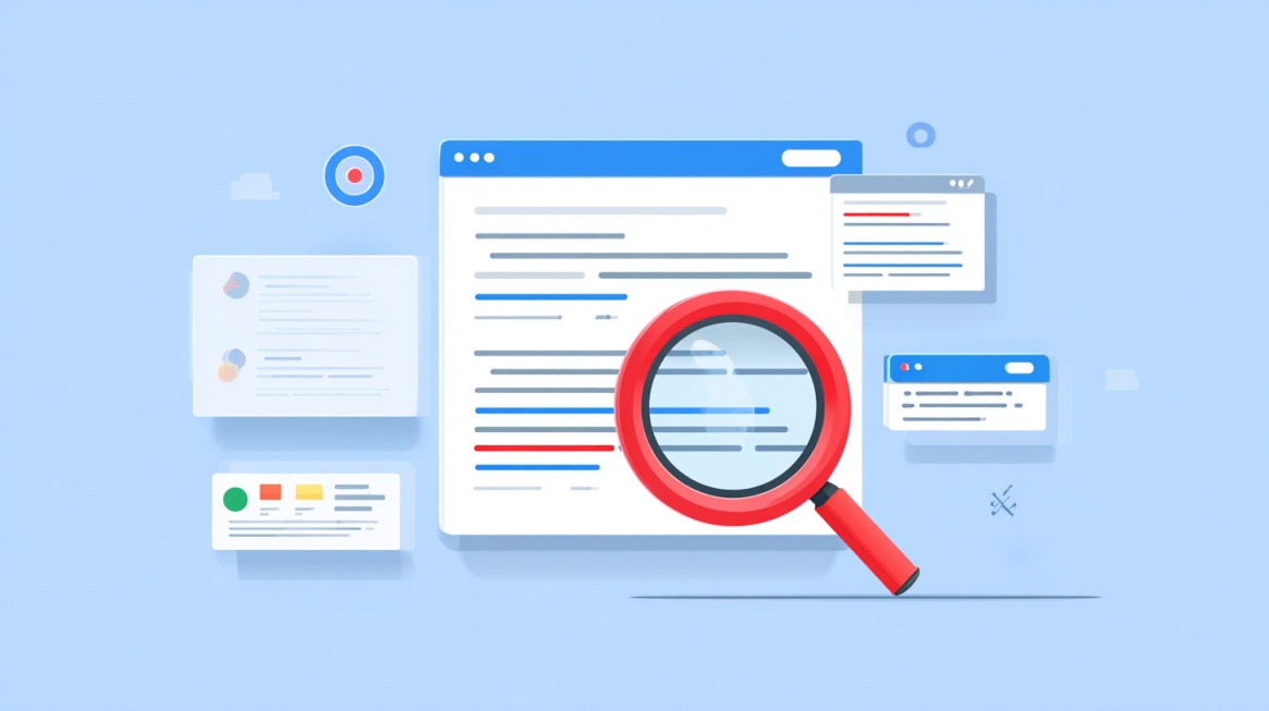 Magnifying glass highlighting text on a website page to analyze intent