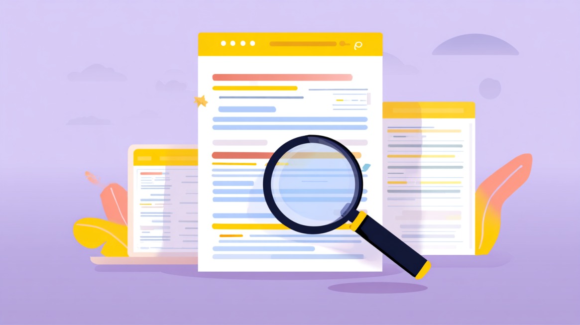 Illustration of a magnifying glass analyzing website content pages
