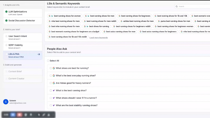 A keyword research tool shows PAA questions and long-tail ideas for building stronger SEO content