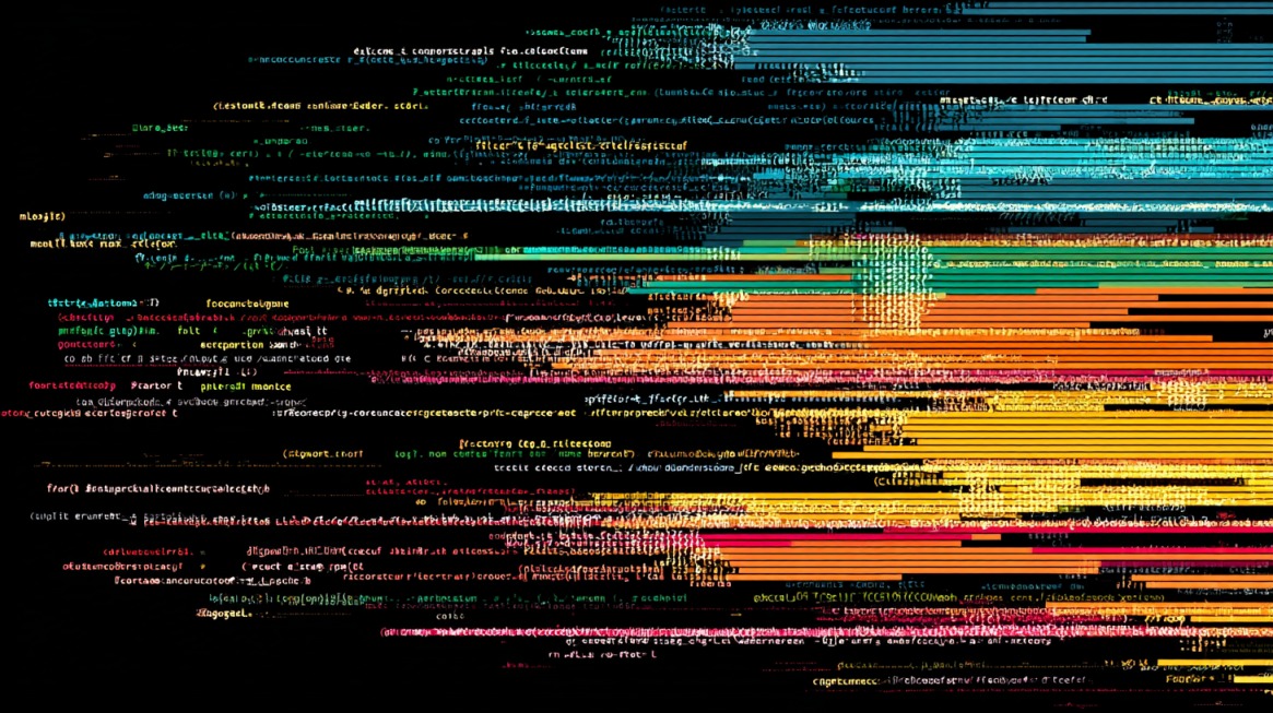 Abstract image of multicolored code lines and data streams on a dark background