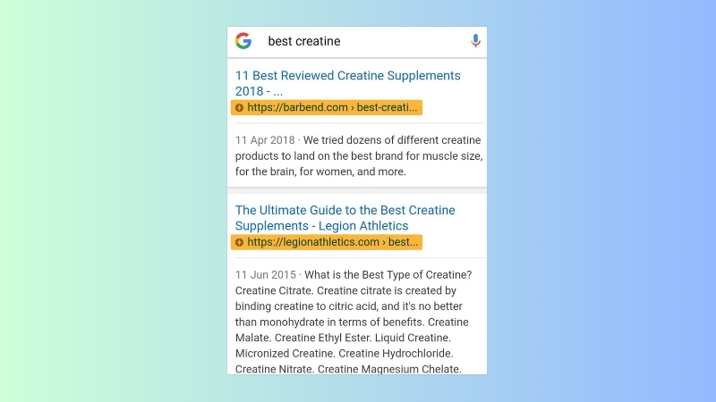 Mobile search results showing clean URLs highlighted under article titles