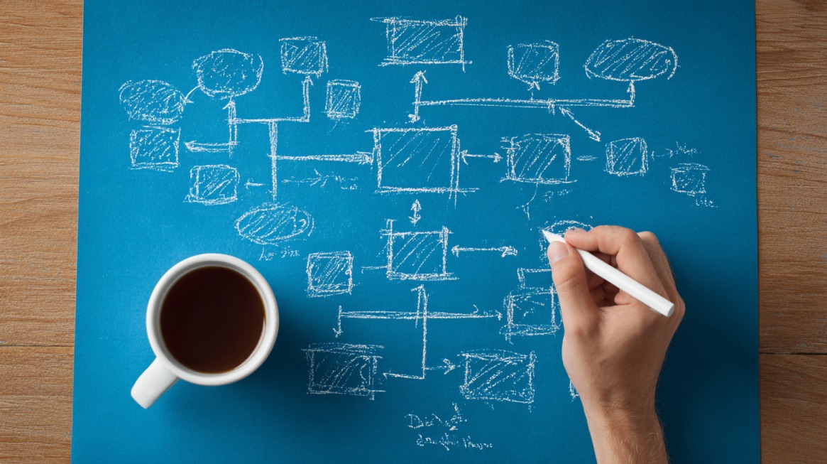 Hand drawing a website sitemap diagram on a blue surface beside a coffee cup