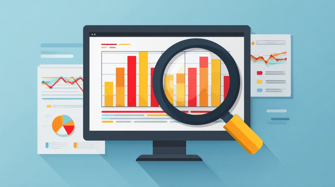 Magnifying glass analyzing charts and graphs on a computer screen