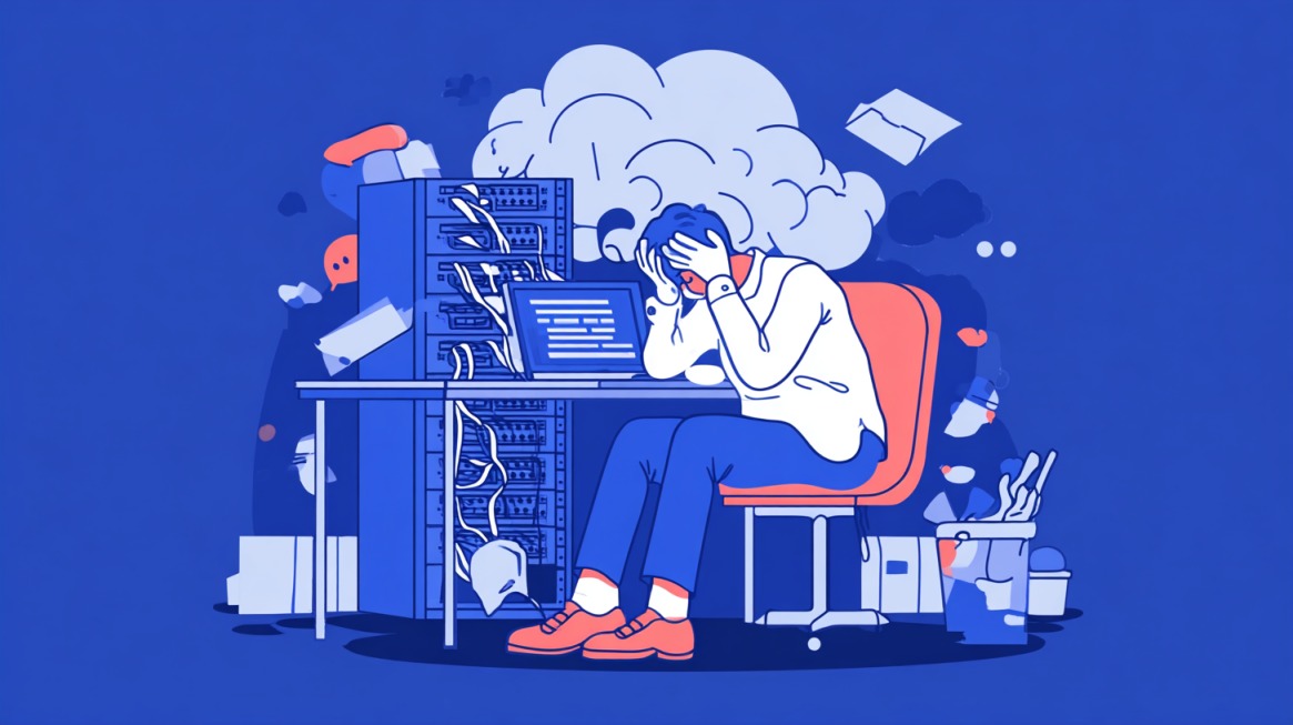 Illustration of a stressed person at a desk surrounded by servers and tangled cables
