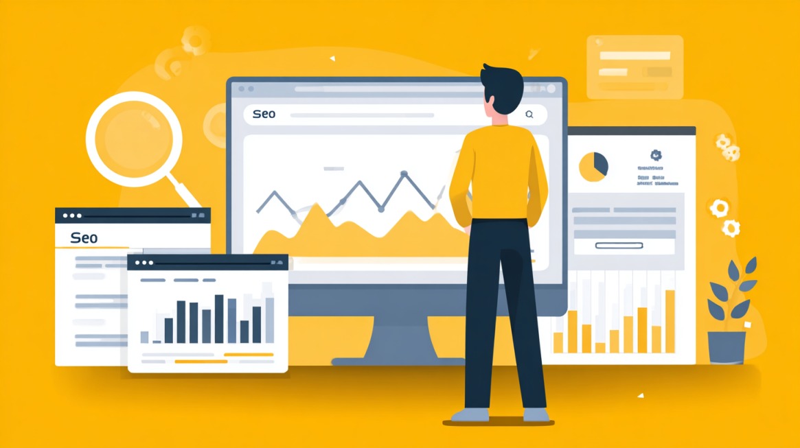Illustration of a person analyzing SEO dashboards and performance charts on a computer screen