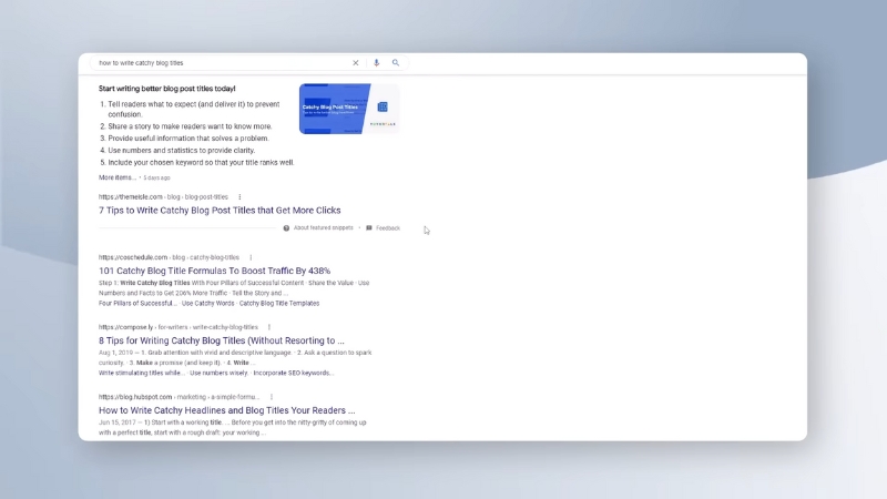 SEO titles shown in Google results for blog post queries displayed on a search results page