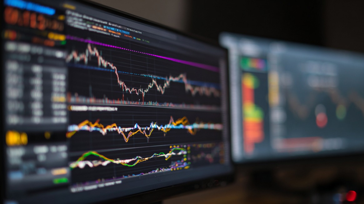 Computer monitors displaying charts and performance data on a dark interface